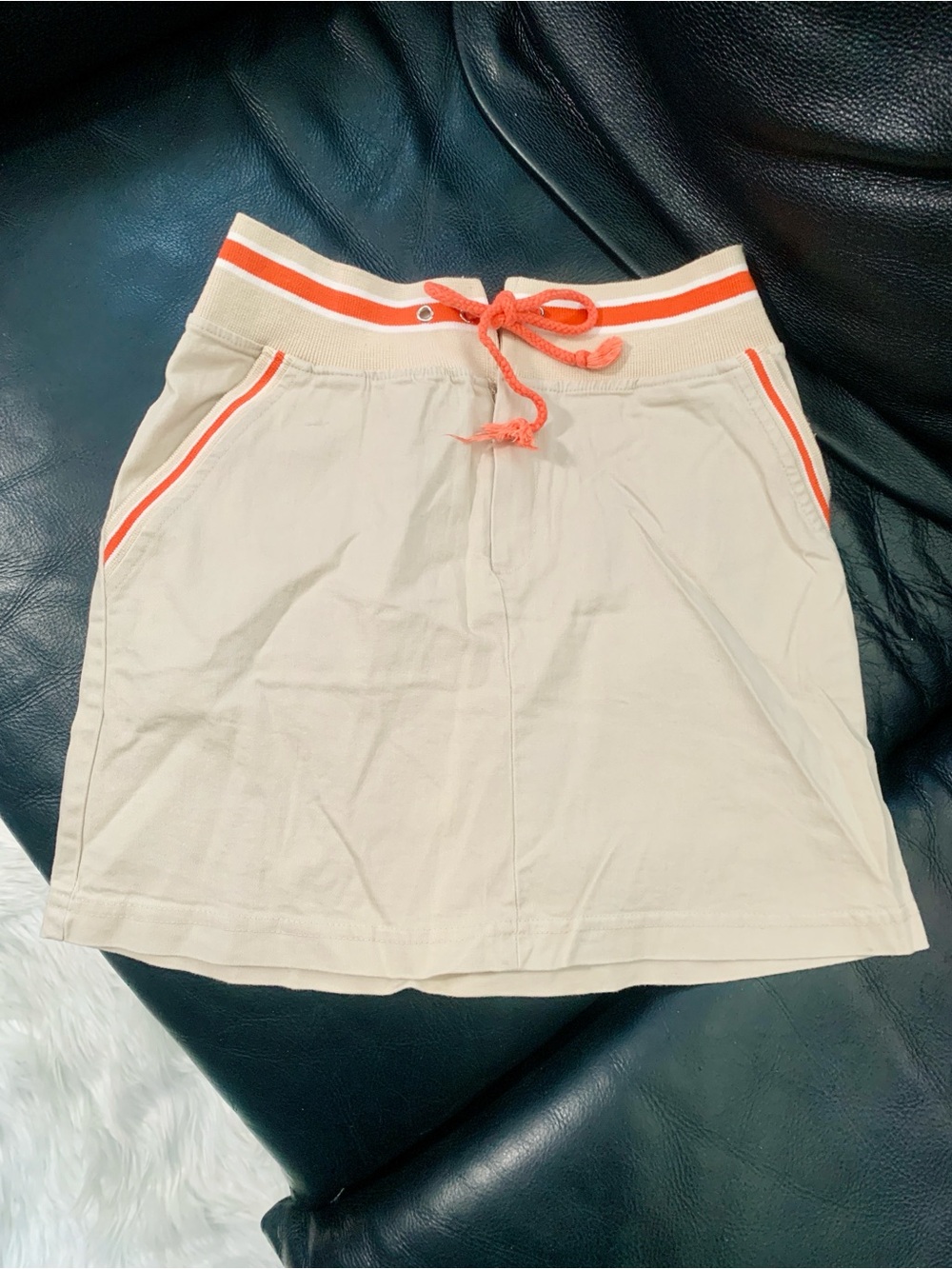 Beige Mini Skirt with Coral Trim and Drawstring Waist